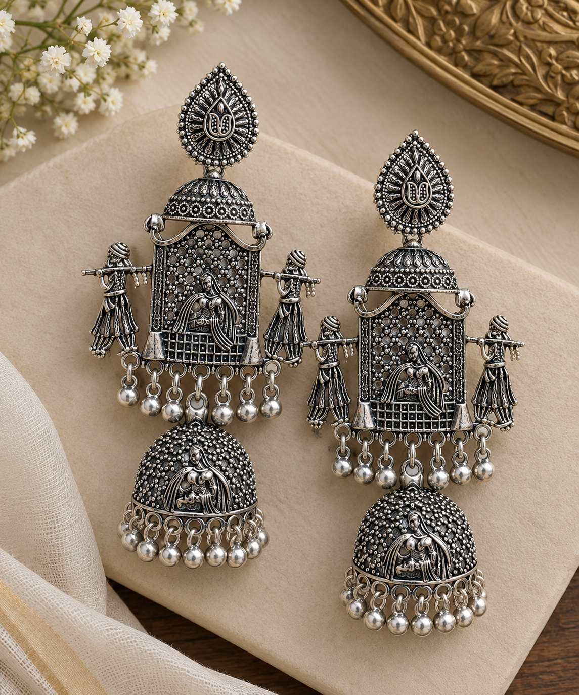 Royal Heritage Oxidized Silver Jhumka Earrings - Image 3