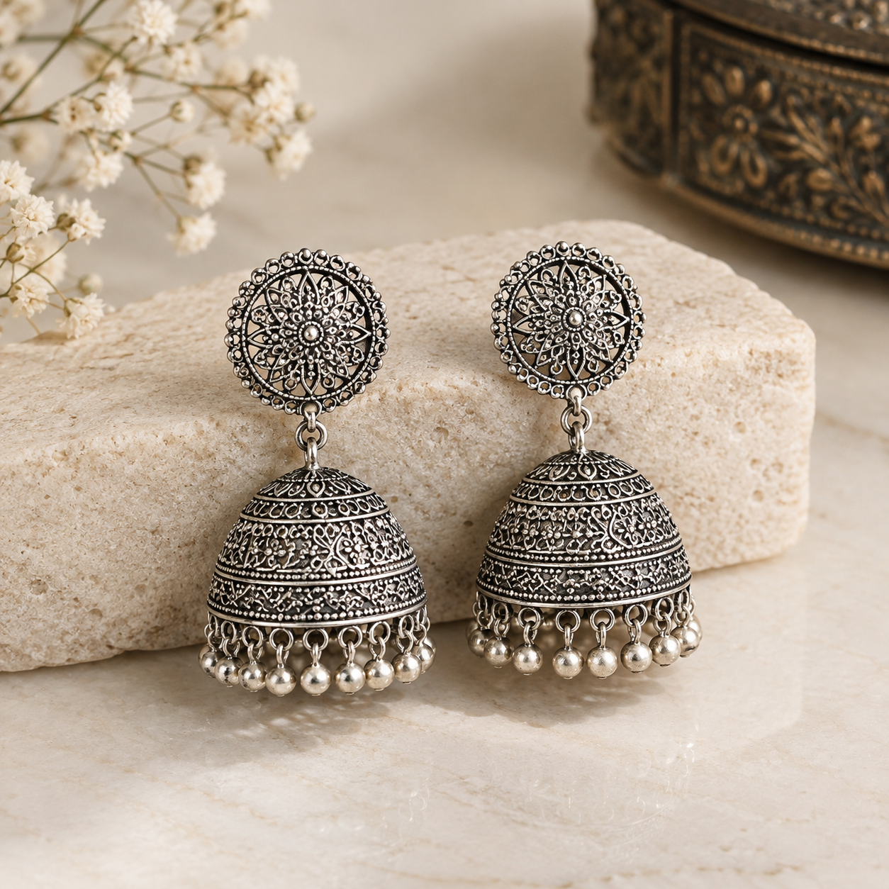 Oxidized Silver Filigree Jhumka Earrings for Women - Image 2