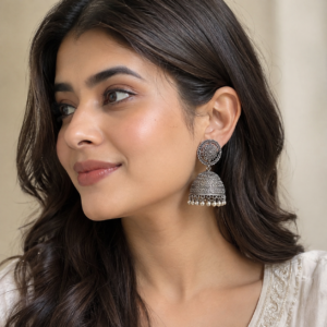 Oxidized Silver Filigree Jhumka Earrings for Women
