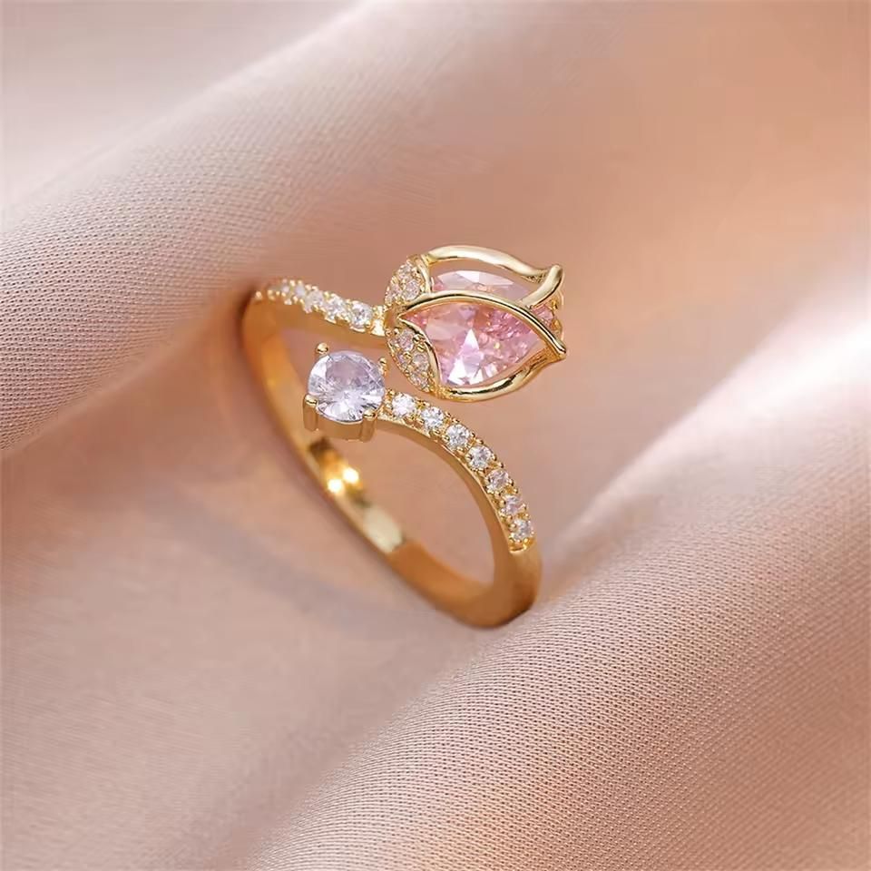Elegant Gold-Tone Pink Tulip Ring with Sparkling Crystal Accents